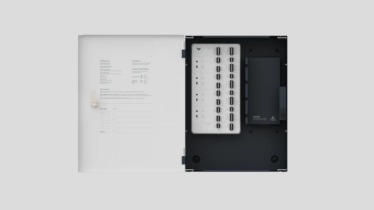 Verkada AC42 access control panel shown open alongside its printed installation guide.
