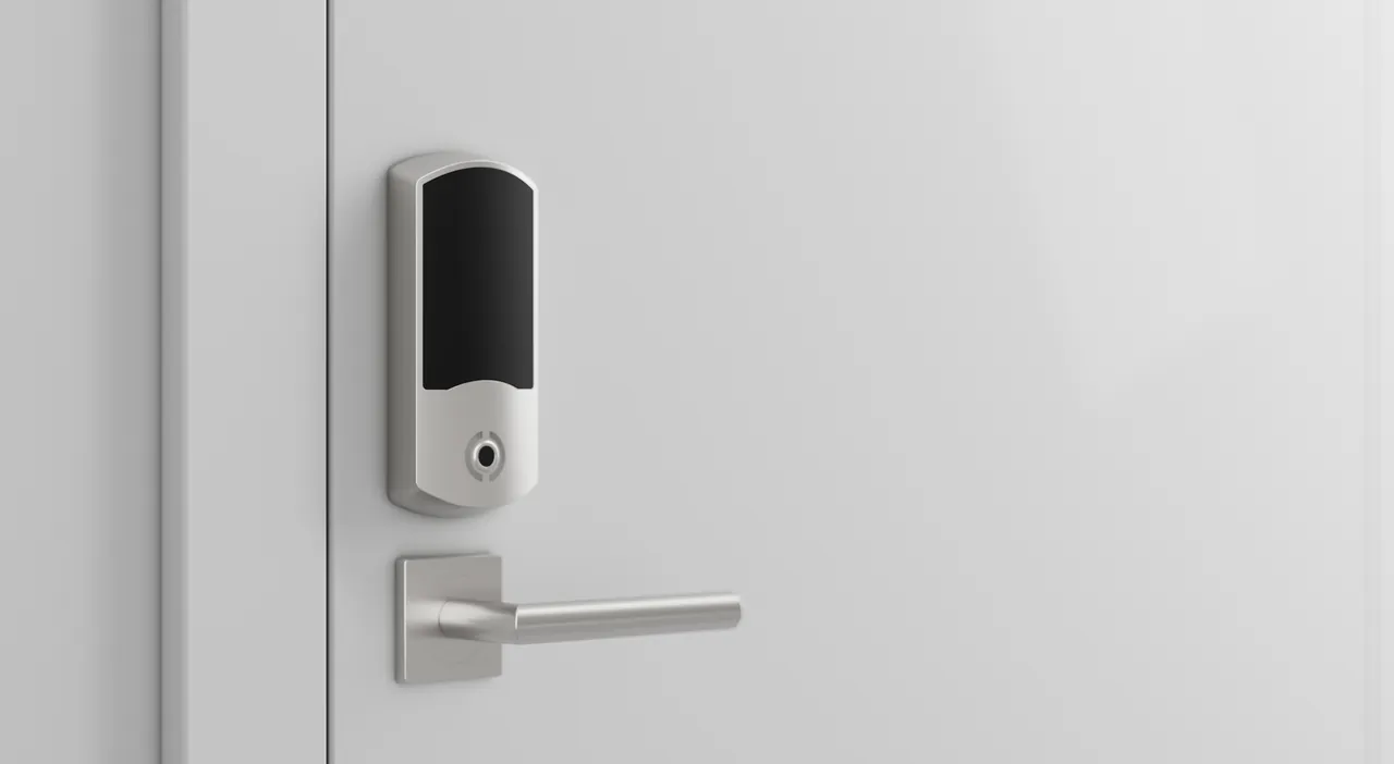 A modern electronic keycard reader and lever door handle mounted on a white door.