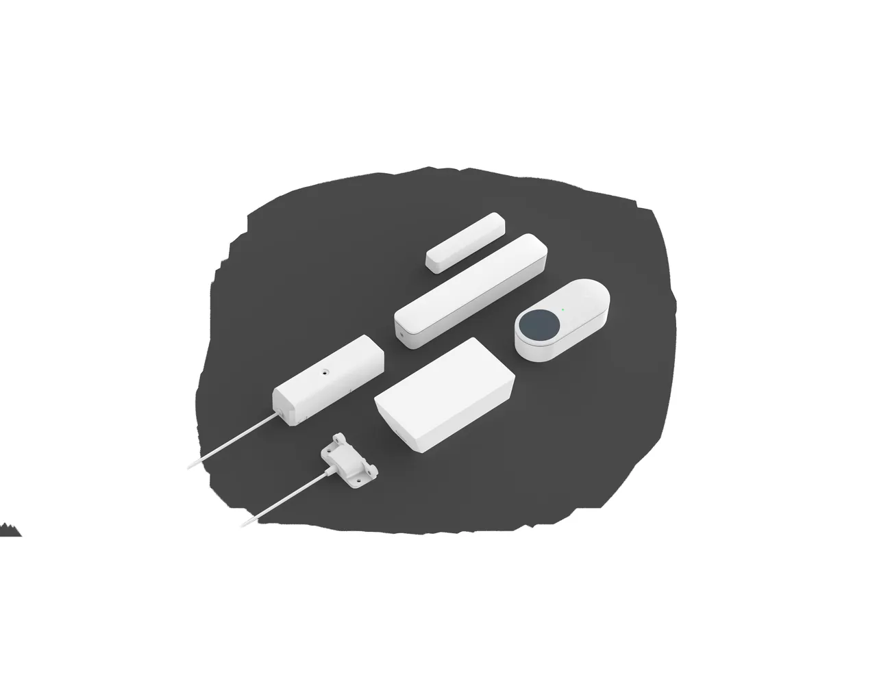 A family of Verkada alarm sensors arranged on a dark background.