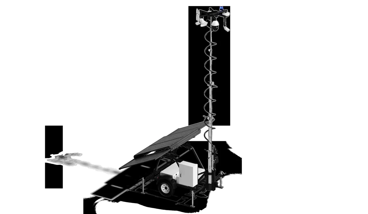 Verkada MT81 mobile surveillance trailer with extended mast and solar panels.