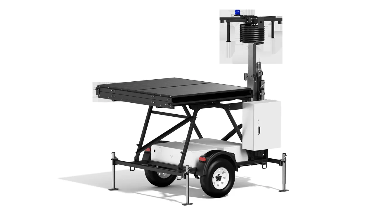 Verkada MT81 mobile surveillance trailer with solar panels and camera mast, studio render.
