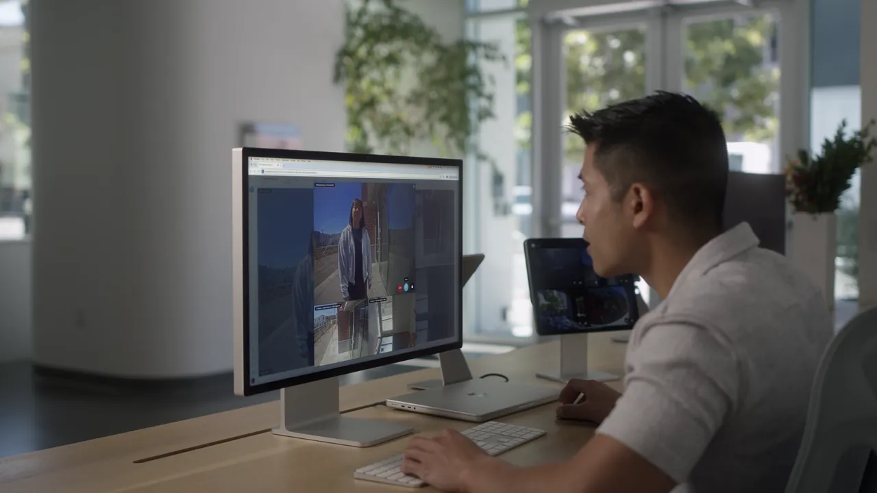A man at a desk views a Verkada intercom live call on a large monitor.