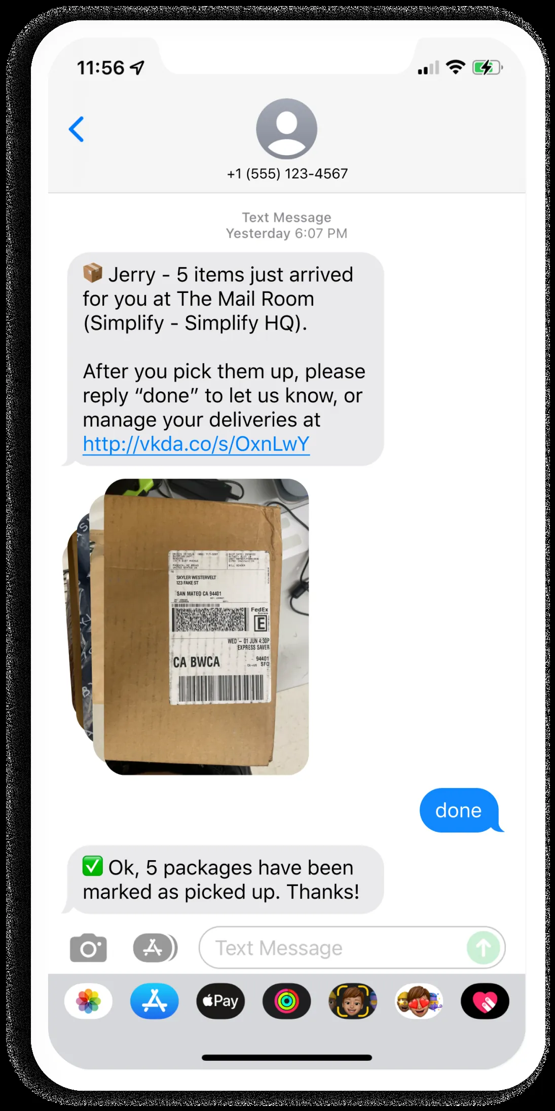 iPhone screenshot showing a Verkada mailroom package notification SMS conversation.