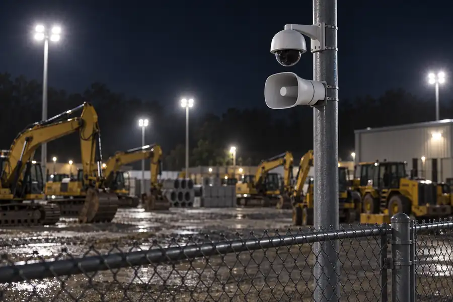 Construction equipment yard at night with a Verkada horn speaker and camera on a pole