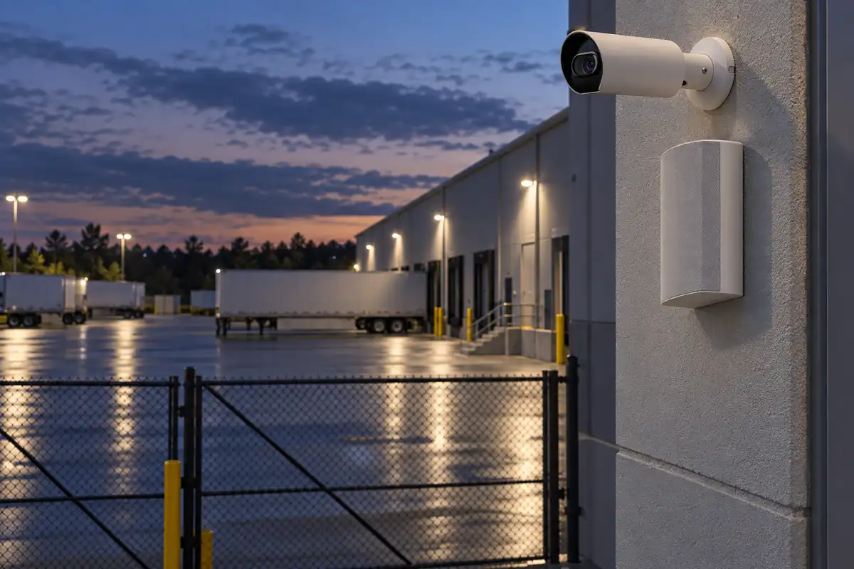 Verkada bullet camera and NS631-E outdoor speaker on a loading yard wall at dusk