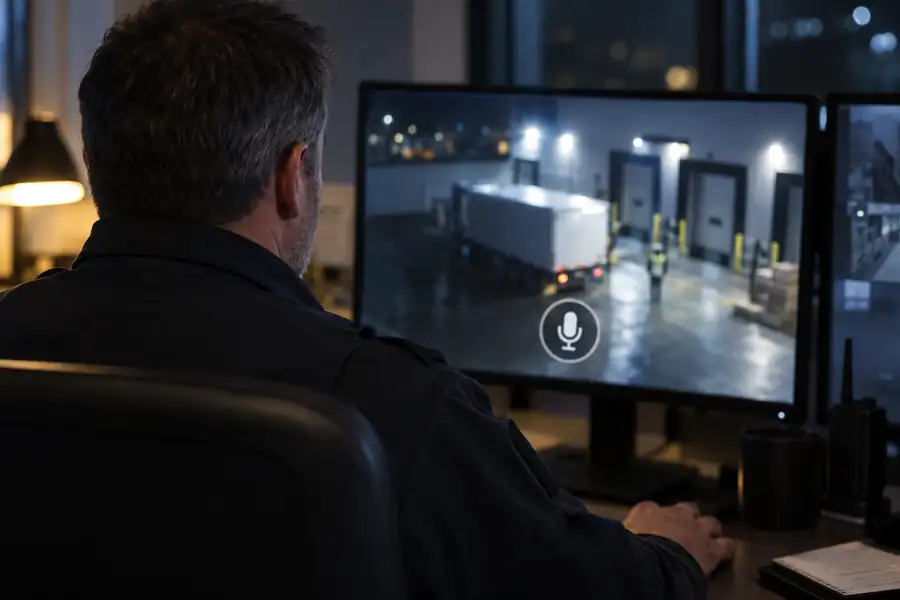 Security manager at a desk watching a live camera feed of a loading dock with a talk button on screen