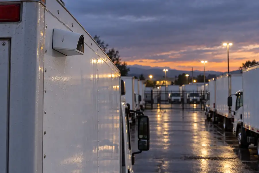 Box trucks at dusk with a Verkada KCW41-E camera near the rear of the nearest box, facing forward