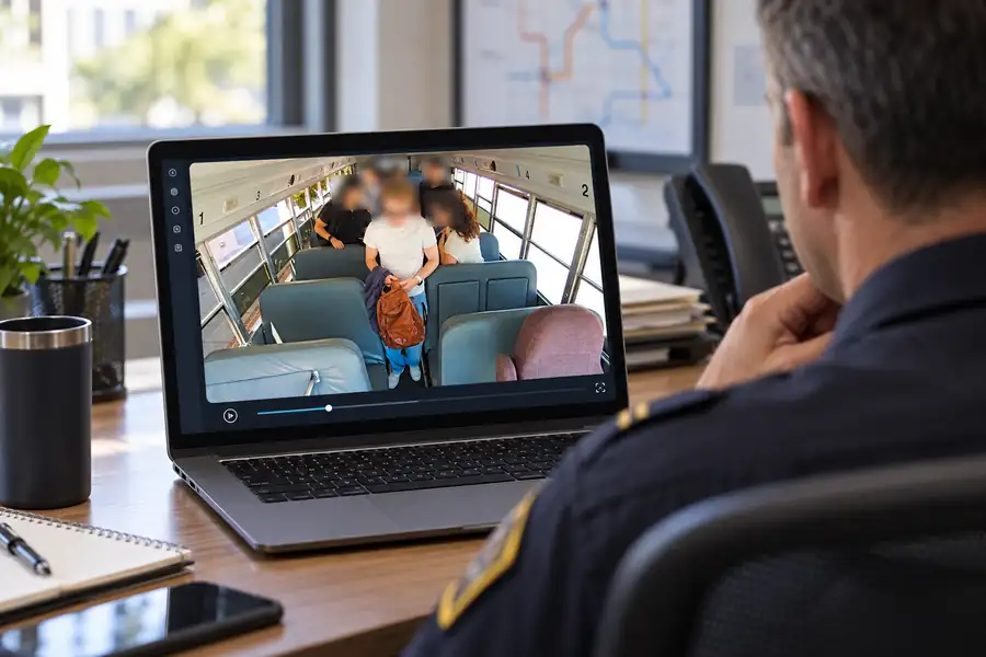 Supervisor reviewing bus footage with passenger faces blurred in Verkada Command