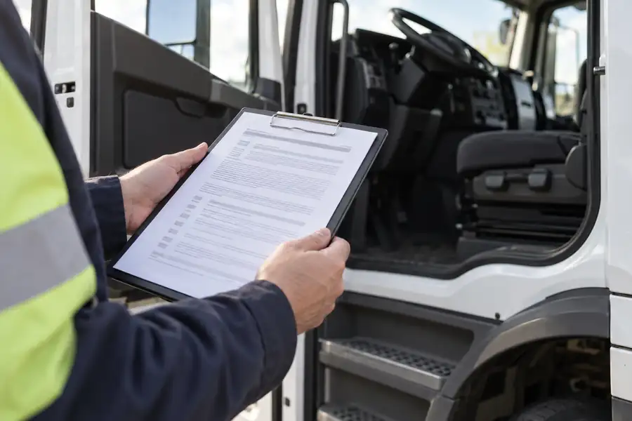 Fleet manager and driver reviewing a camera policy together beside a parked box truck