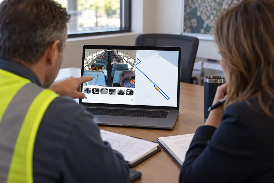 Safety manager and adjuster reviewing a vehicle clip and trip map in Verkada Command