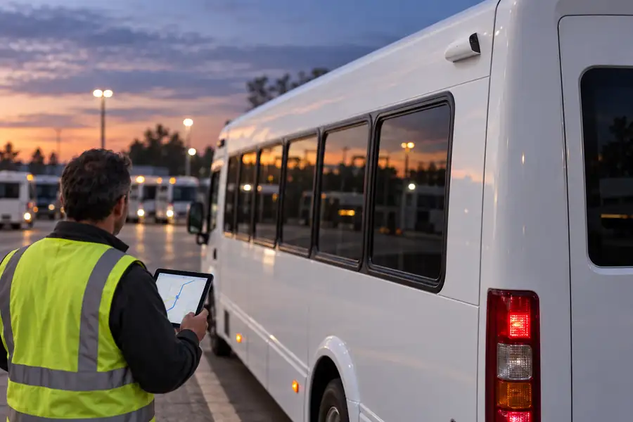 Depot supervisor with a tablet beside a shuttle bus with a rear-mounted Verkada KCW41-E side camera