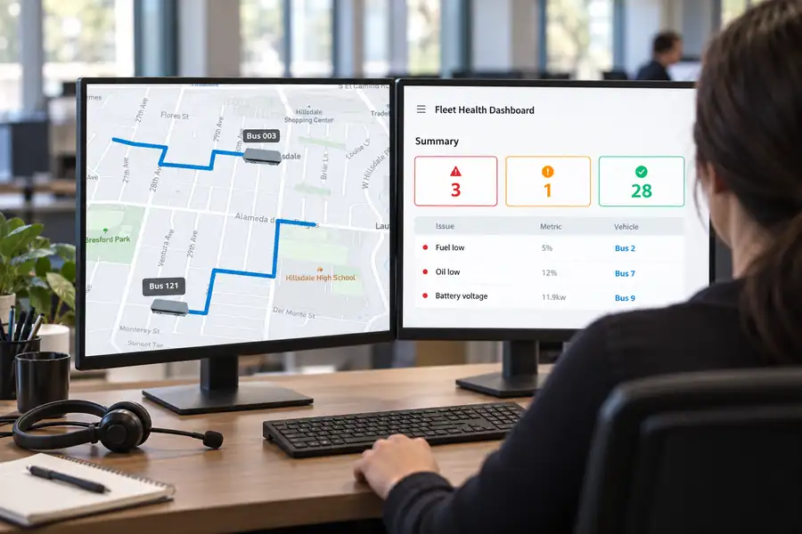 Dispatcher viewing the Verkada Command fleet map and fleet health dashboard on two monitors