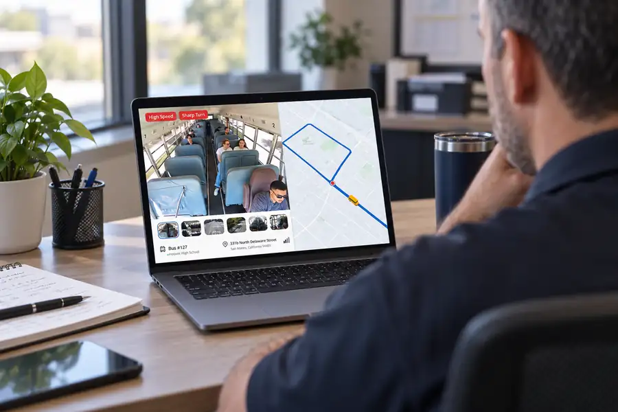 Safety manager reviewing a speeding and sharp-turn event in Verkada Command on a laptop