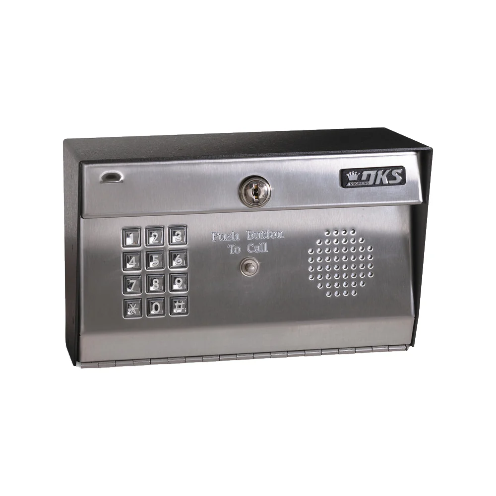 DKS stainless steel gate entry system with numeric keypad, call button, speaker grille, and key cylinder on a weather hood.