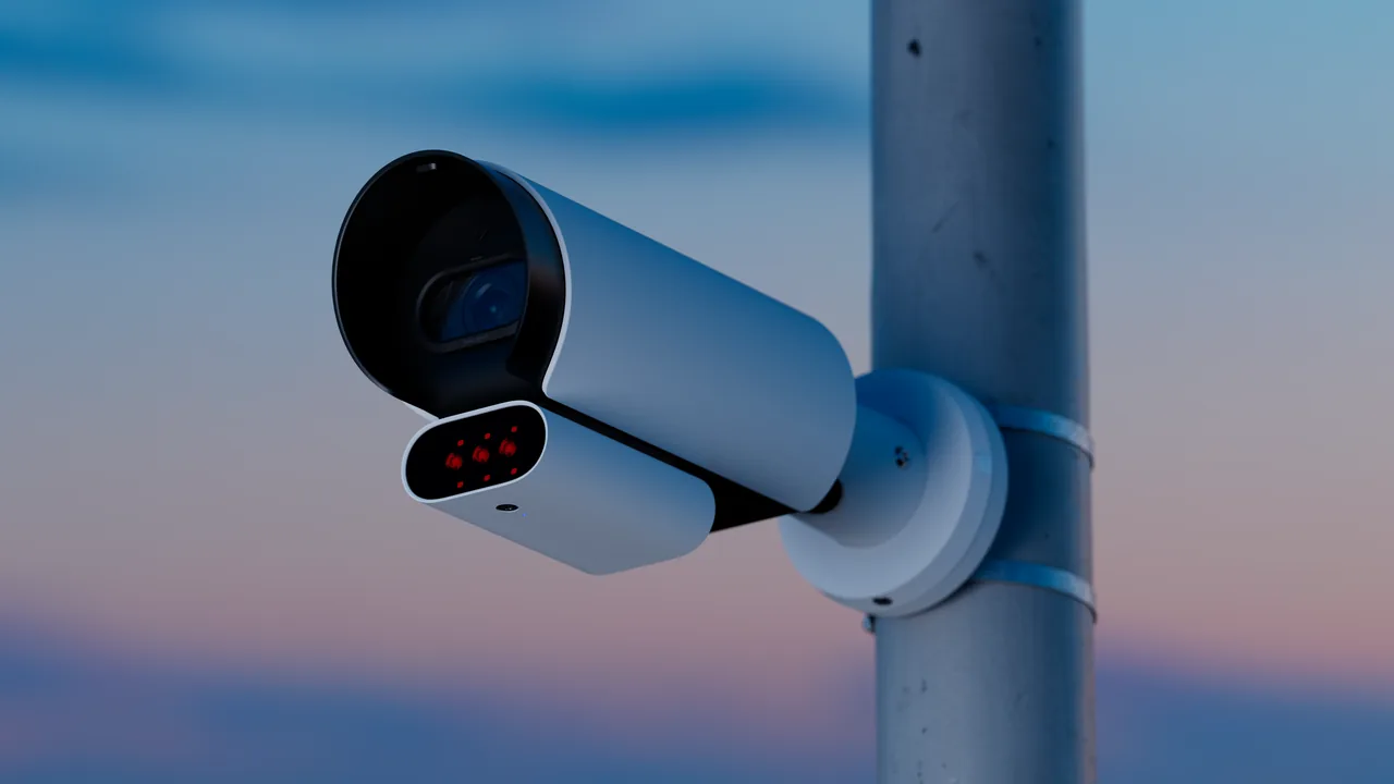 Pole-mounted outdoor security camera with infrared LEDs bracket-clamped to a camera pole against a dusk sky.