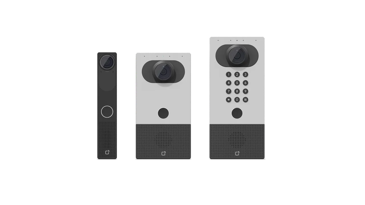 Three video intercom speaker units side by side, ranging from a slim black panel to a wide keypad model with numeric entry.