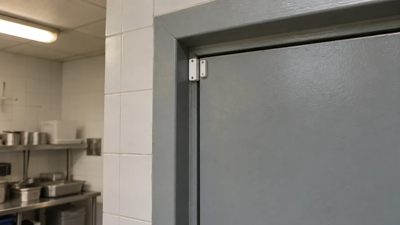 AI-generated illustration of a magnetic door contact on a closed restaurant service door