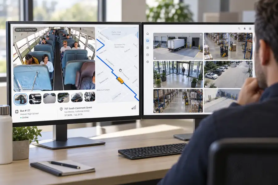 Manager comparing Verkada Command vehicle footage and building camera views on two monitors
