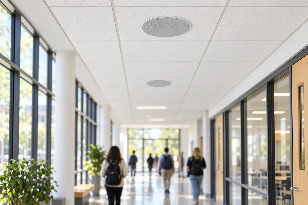 Verkada NS261 in-ceiling network speakers installed along a bright office corridor