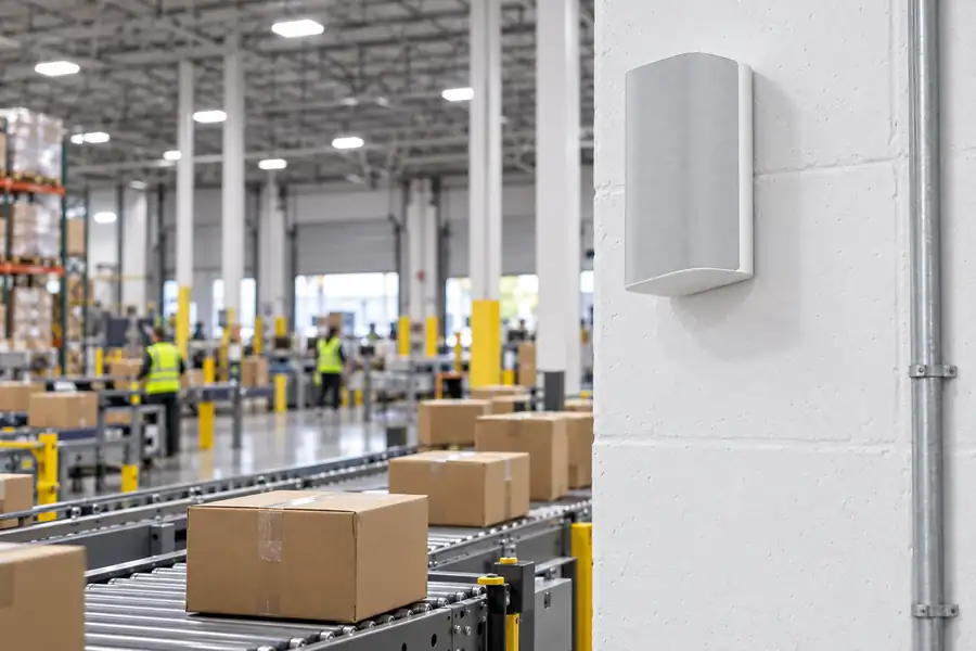Verkada NS631-E network speaker mounted on a wall above conveyors in a distribution center