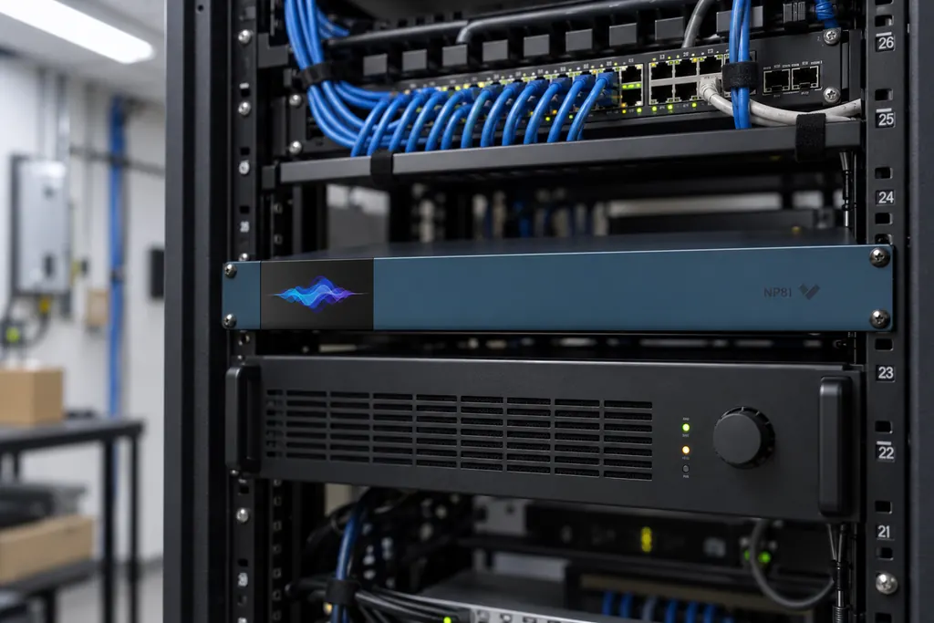Verkada NP81 network audio player installed in a rack above an existing paging amplifier