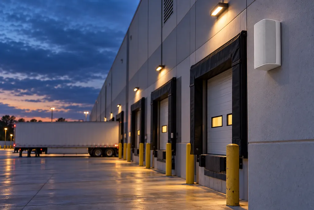 Verkada NS631-E outdoor paging speaker mounted beside warehouse loading dock doors at dusk