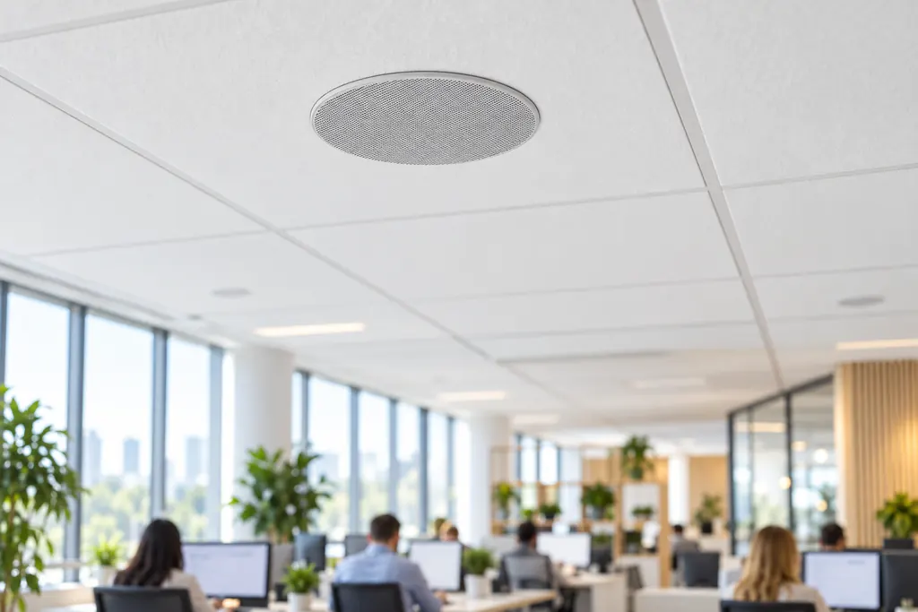 Verkada NS261 in-ceiling PoE speaker installed in an open-plan office ceiling