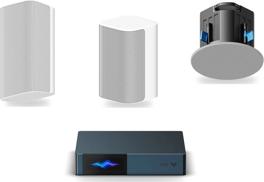 Verkada Sound Systems lineup: NS631-E outdoor speaker, NS151 wireless speaker, NS261 in-ceiling speaker and NP21 network audio player