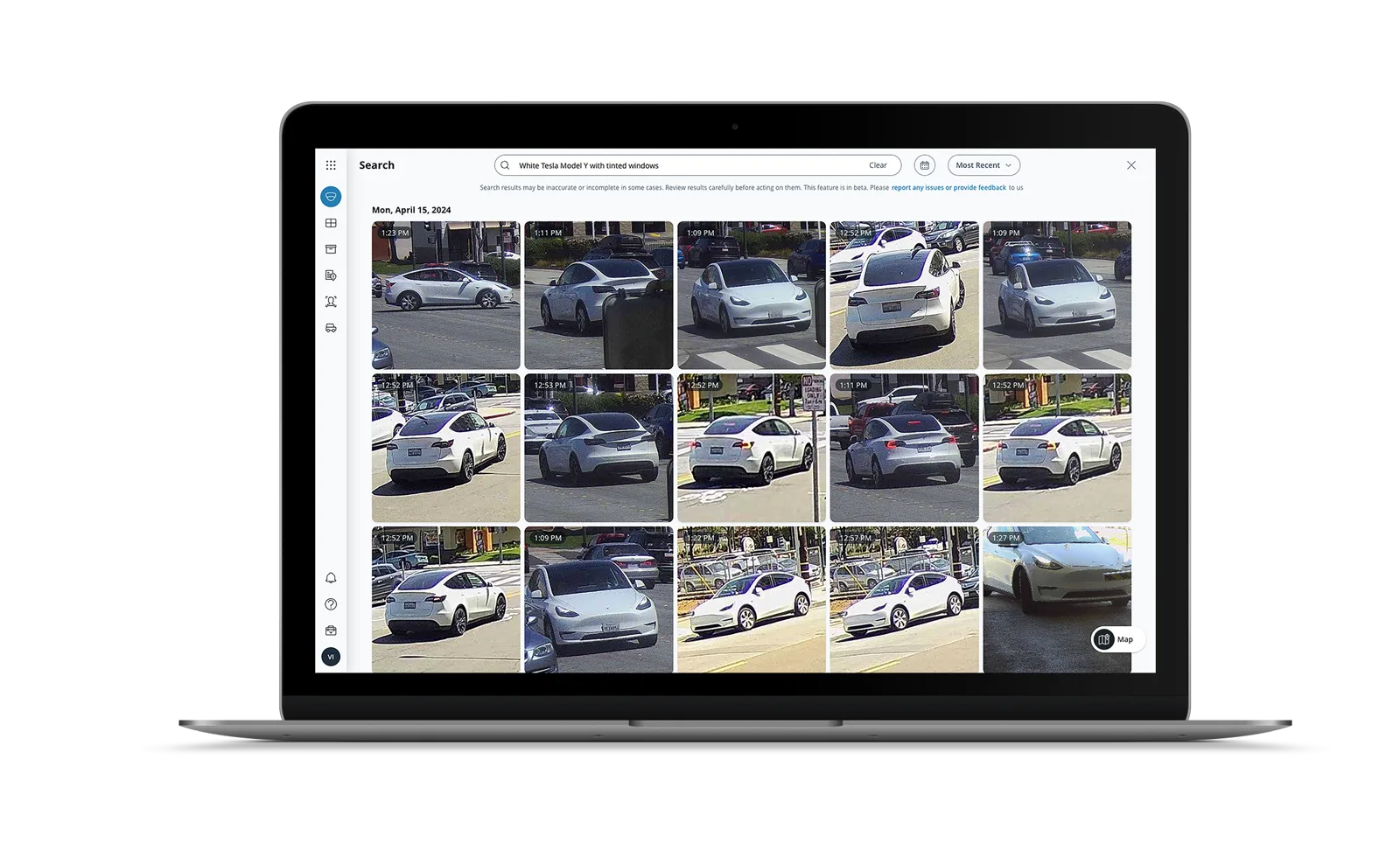 Laptop showing AI-powered search results that found a white truck across security camera footage