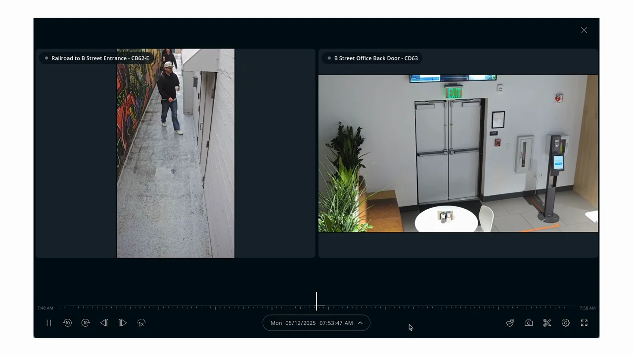Reviewing date-stamped construction site security camera footage from two cameras in the cloud dashboard