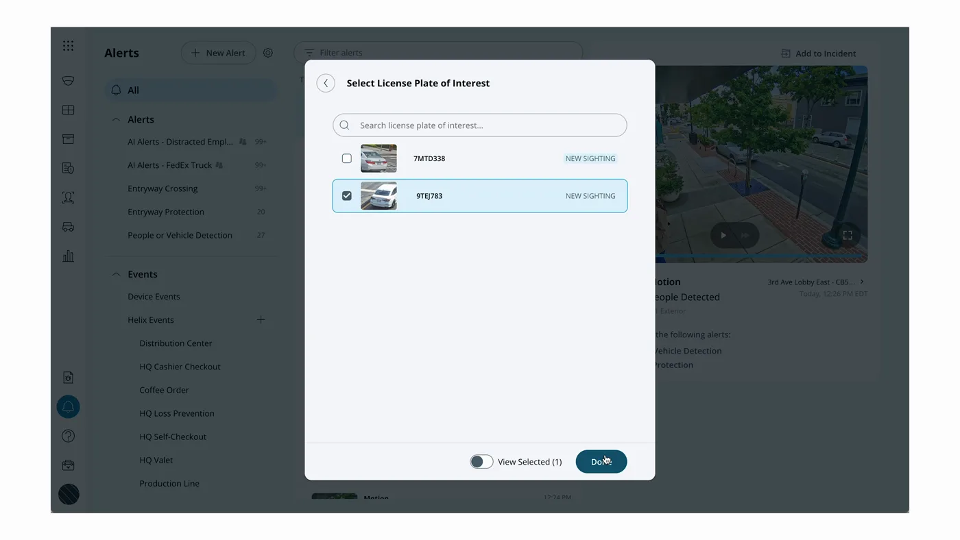 Setting a license plate of interest alert on a security camera in the cloud dashboard