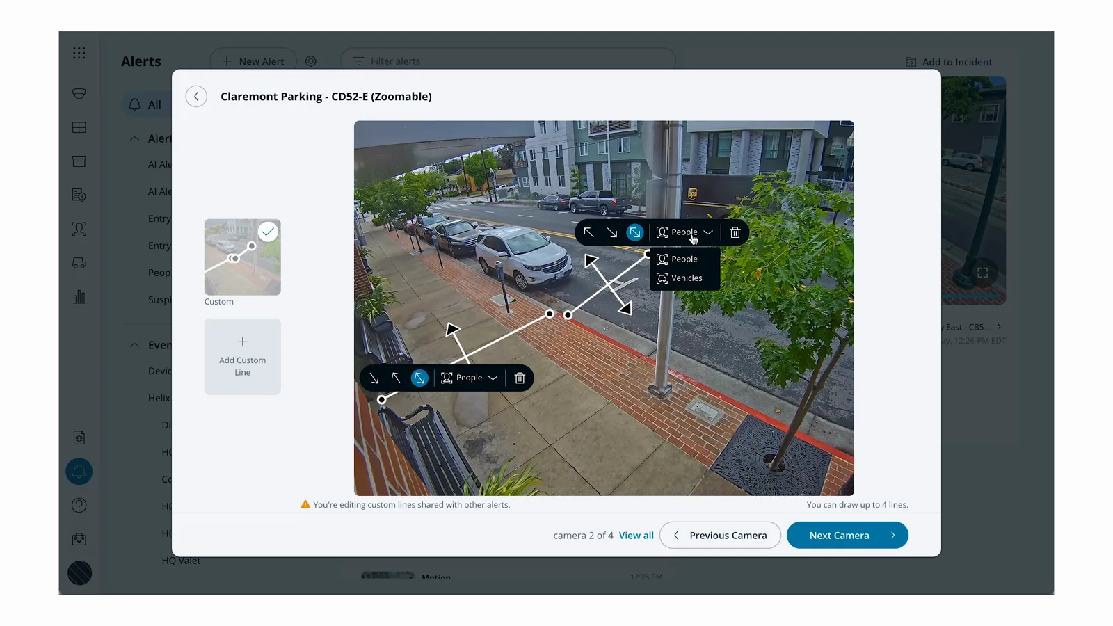 AI person and vehicle detection rules drawn on a security camera feed in the cloud dashboard