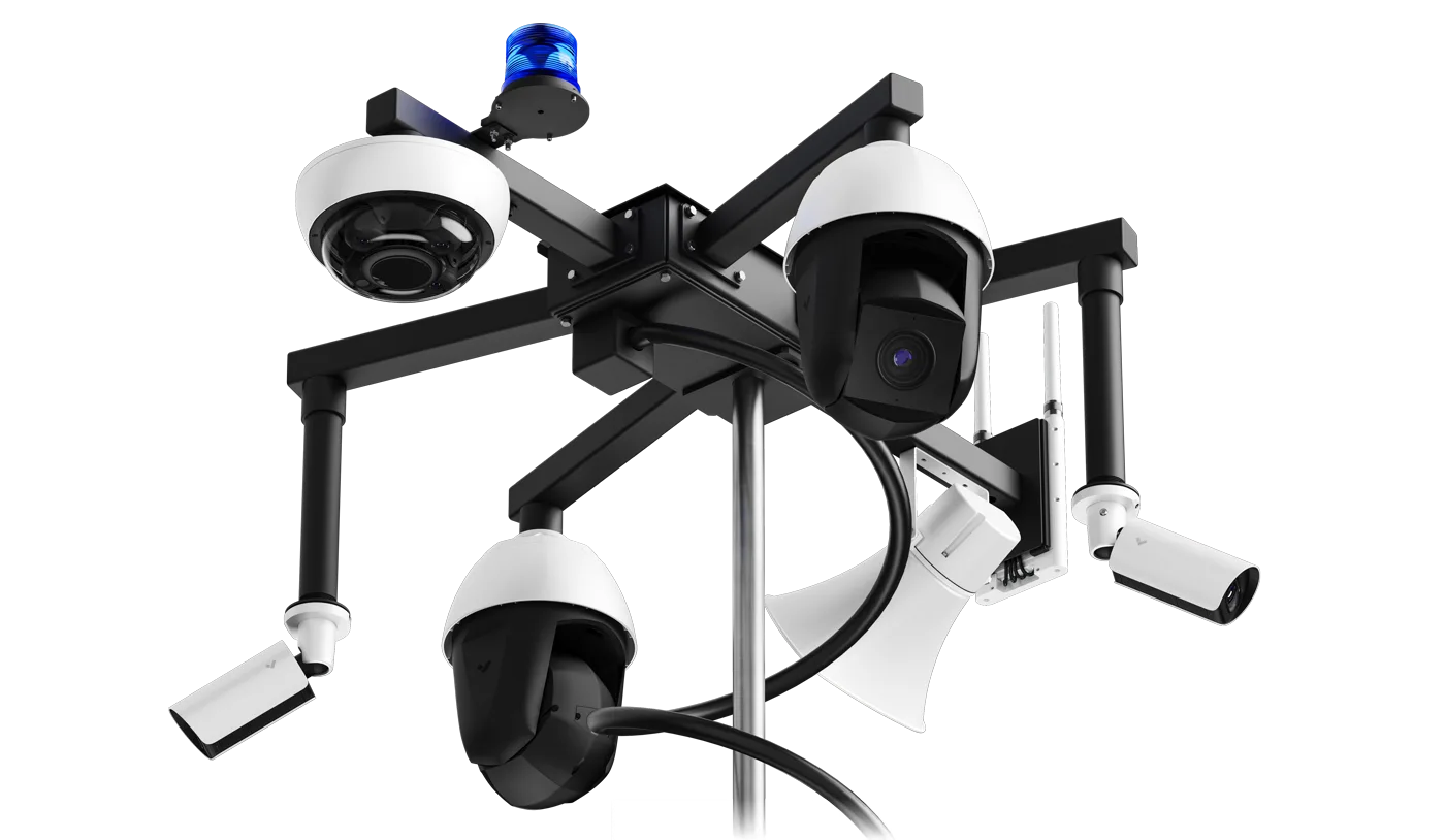 Camera mast head on a Monarch mobile surveillance trailer with PTZ domes, multisensor camera, speaker, and strobe