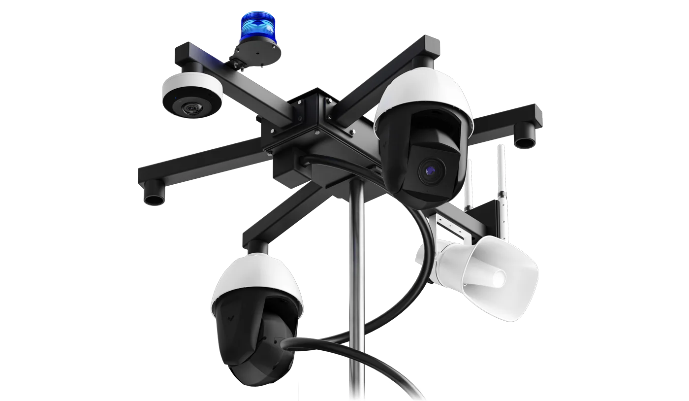 Strobe beacon and speaker on a mobile surveillance trailer mast for active deterrence