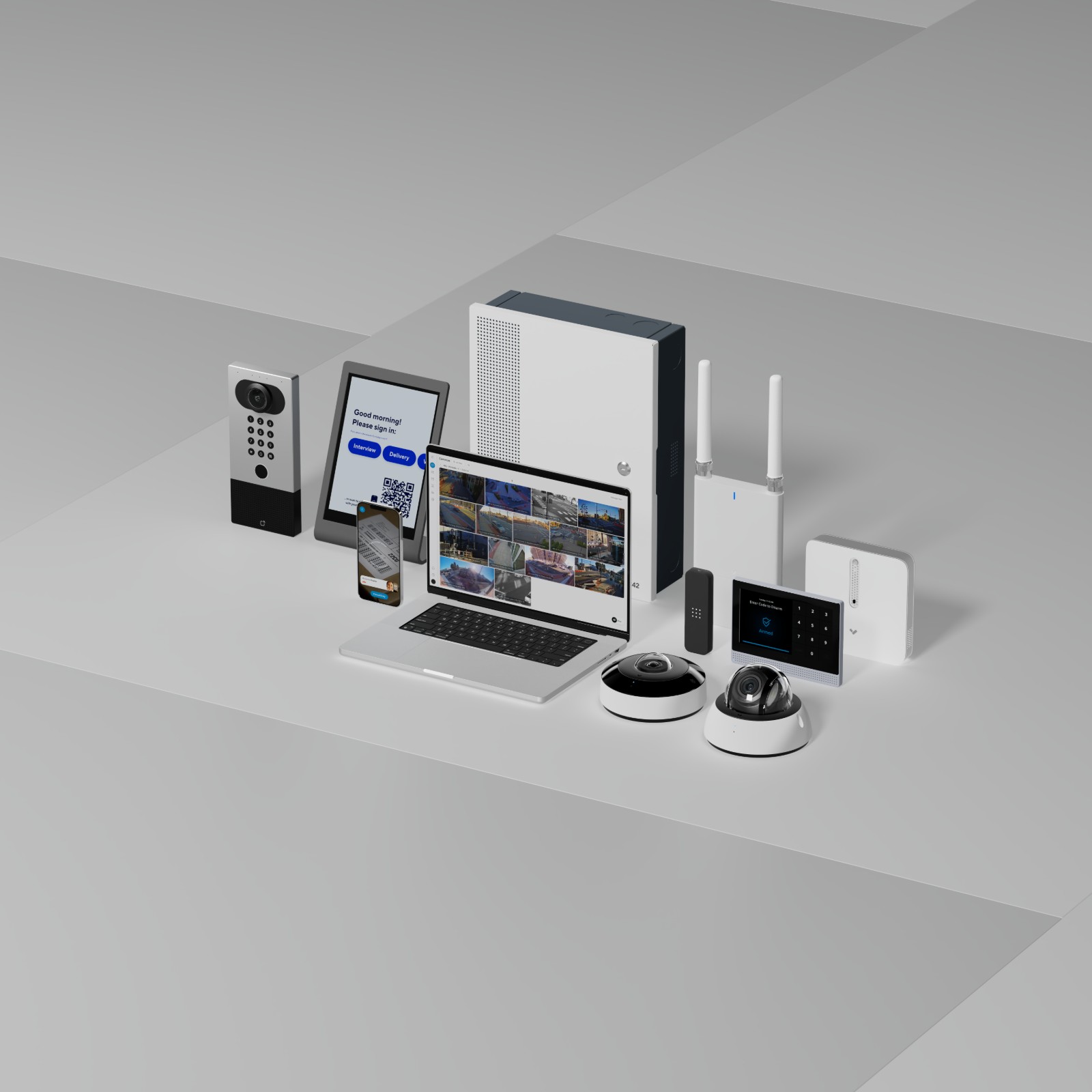 The Monarch school security product family: intercom, visitor kiosk, access controller, cameras, alarm keypad, and air quality sensor