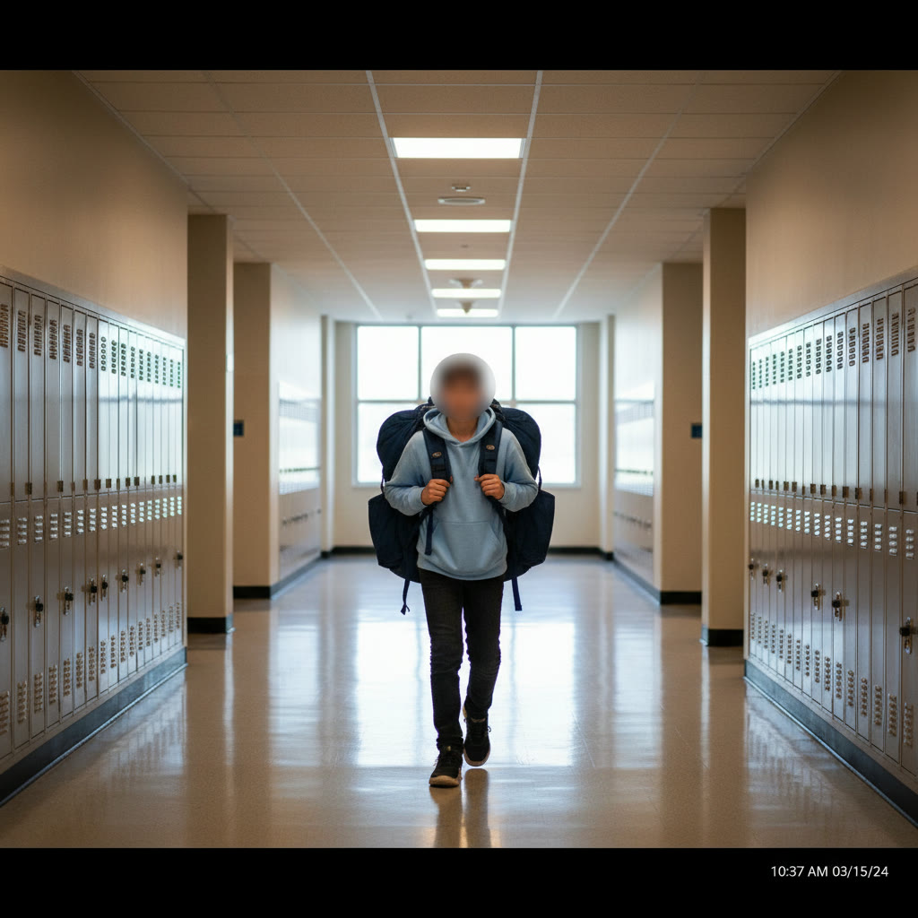 A student walking down a school hallway with their face automatically blurred by live face blur to protect student privacy
