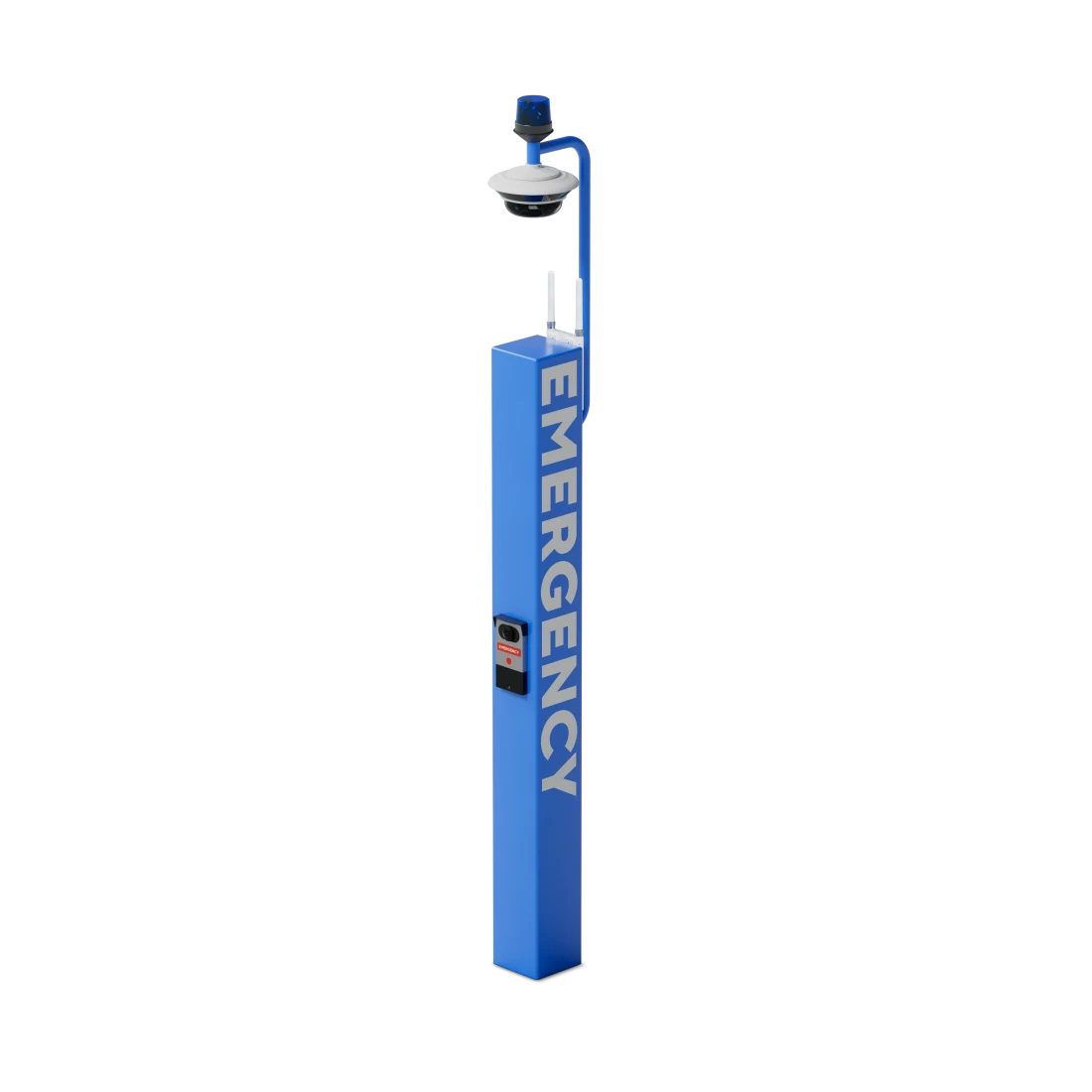 Emergency blue-light tower with camera and speaker for an industrial parking lot and yard