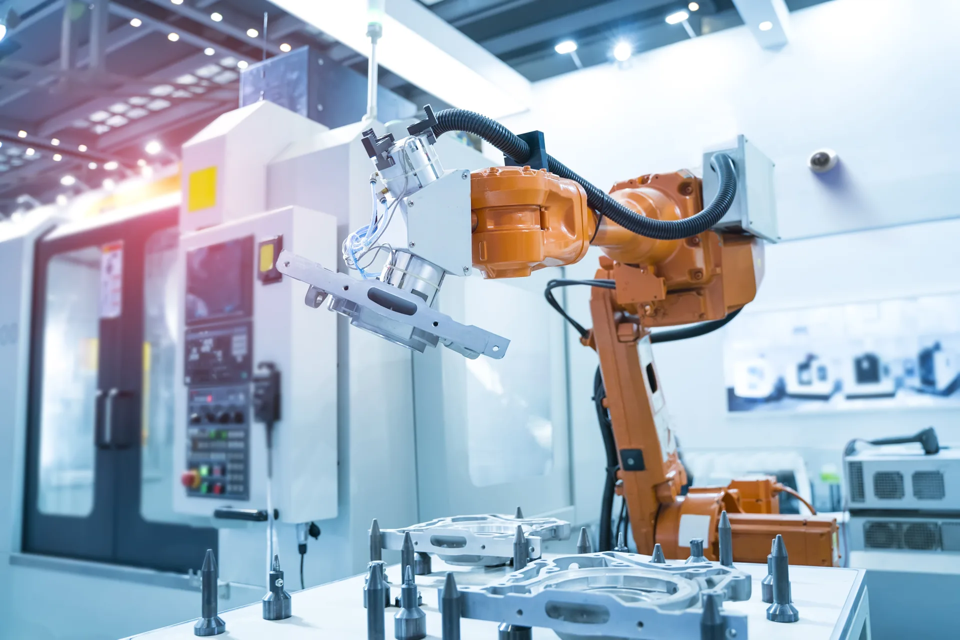 Automated robotic production line on a manufacturing plant floor secured by Monarch's cloud platform