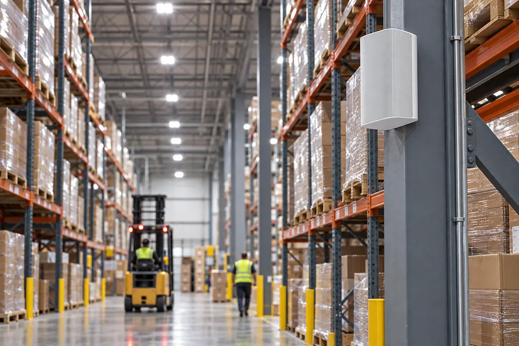 Warehouse paging speaker mounted on a steel column above a busy picking aisle with a forklift