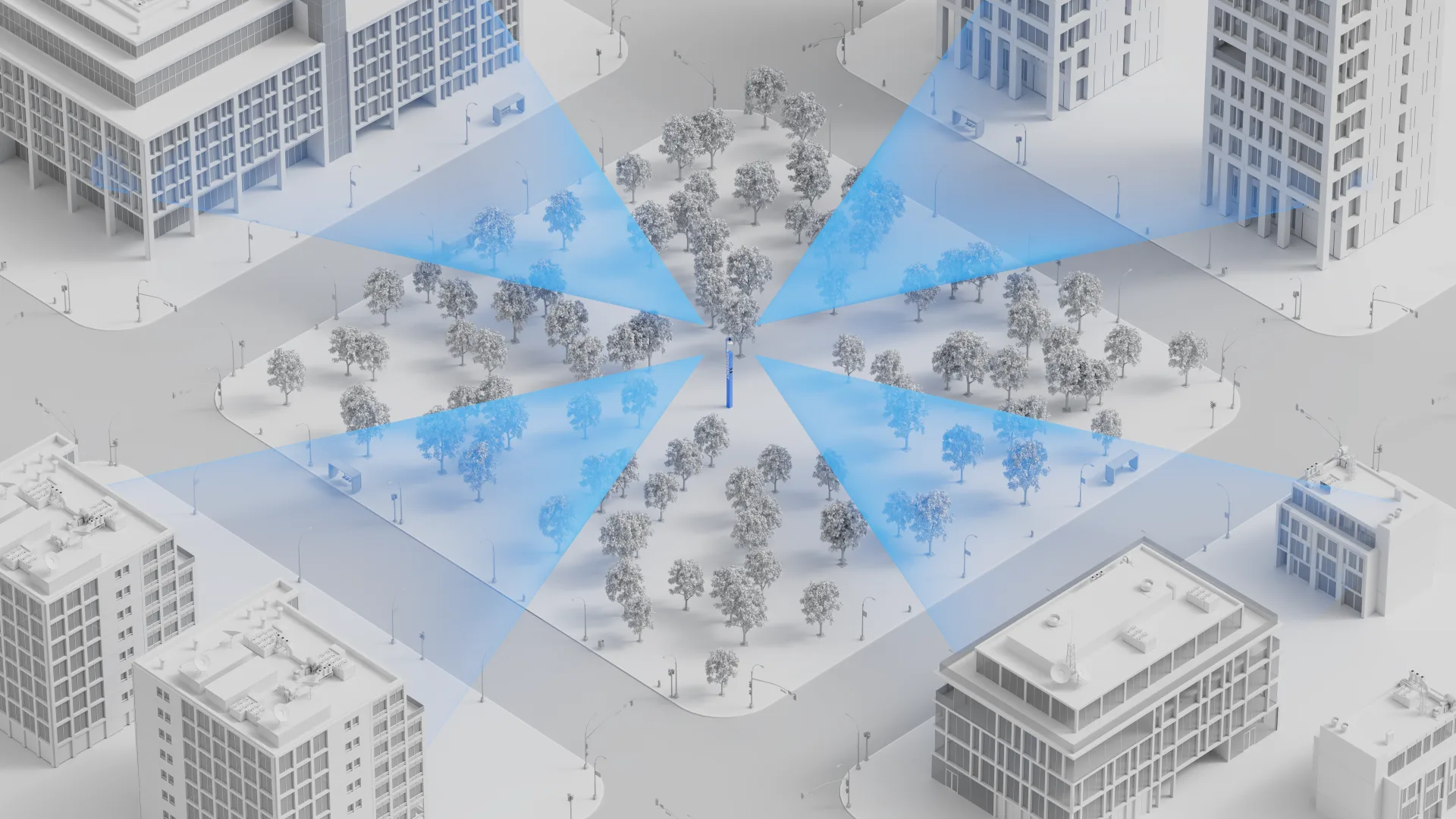 Government security camera coverage across a city park and municipal buildings