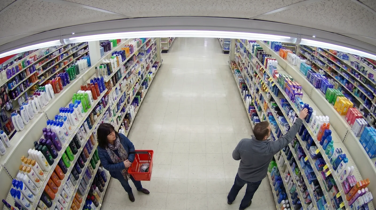 AI shoplifting detection camera view of a store aisle with concealment alert overlay