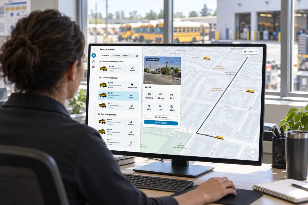 Fleet manager viewing the Verkada Command transportation map with live vehicle locations
