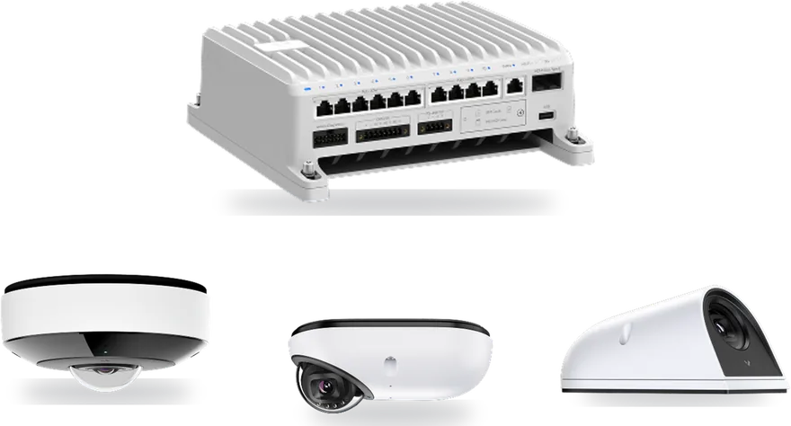 Verkada Transportation lineup: KGX61 vehicle gateway with KCF61-E fisheye, KCD41-E dome and KCW41-E exterior wedge cameras