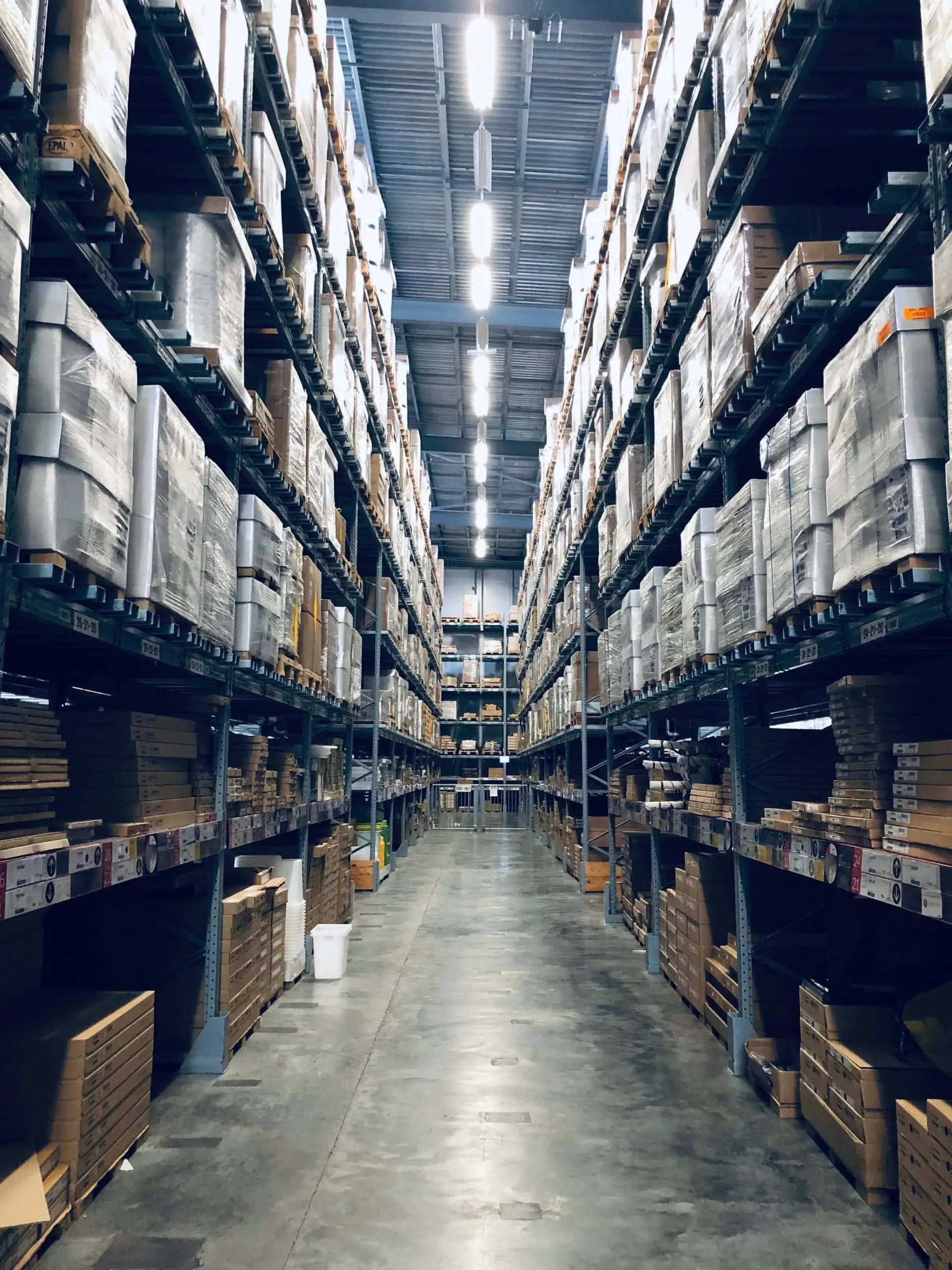 Storage area of a warehouse under surveillance with a security system