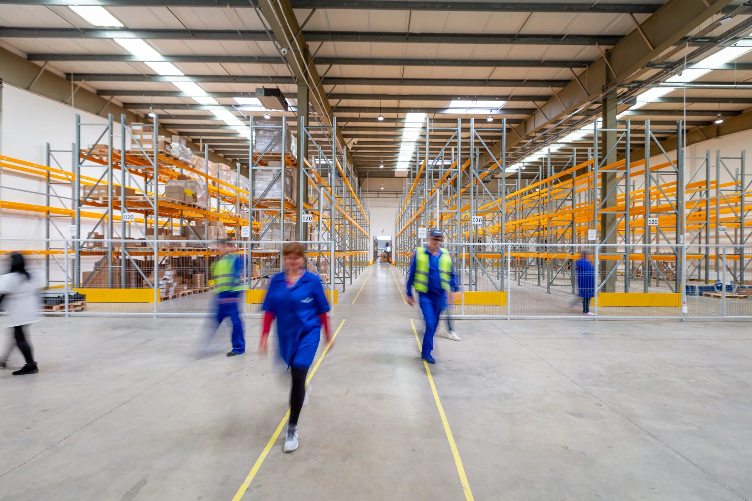 Warehouse with employees that are protected by security systems