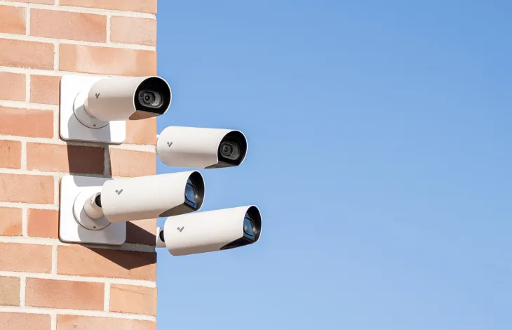 Verkada Bullet Camera on store building exterior for 8 camera wireless security system 