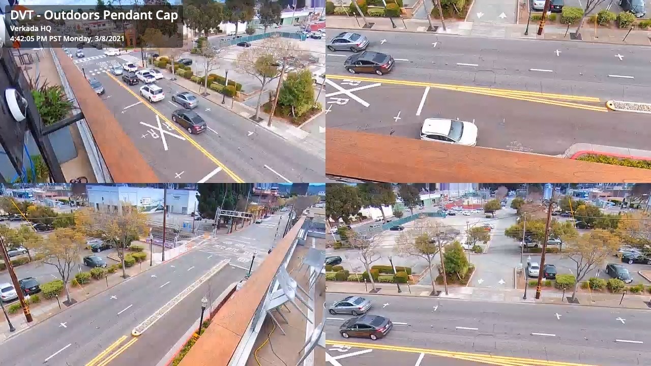 Four way split mode of fisheye security camera to monitor traffic intersections