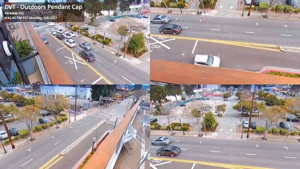 Four way split mode of fisheye security camera to monitor traffic intersections