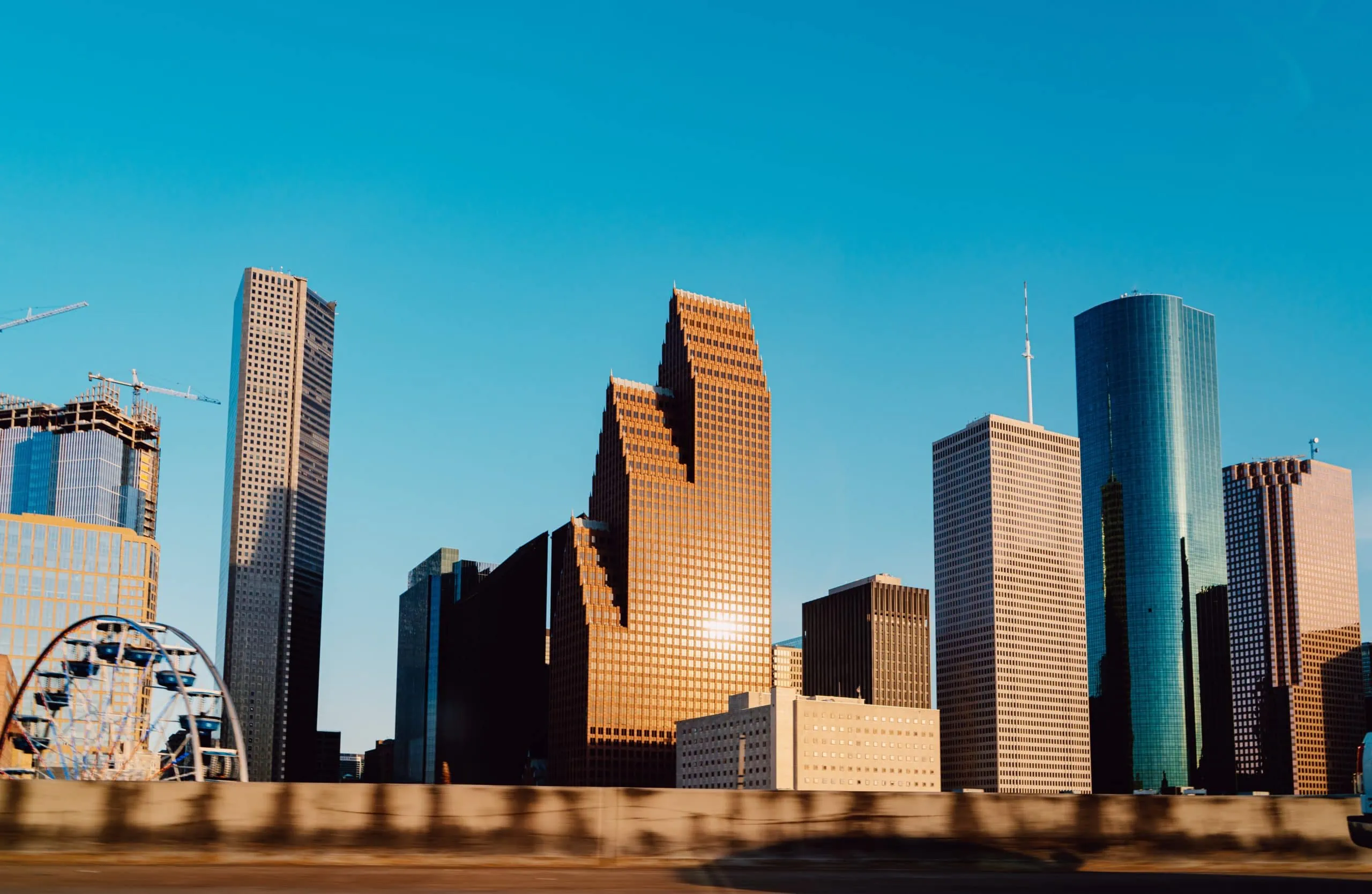 Skyline of Houston Downtown with businesses that are secured by surveillance cameras