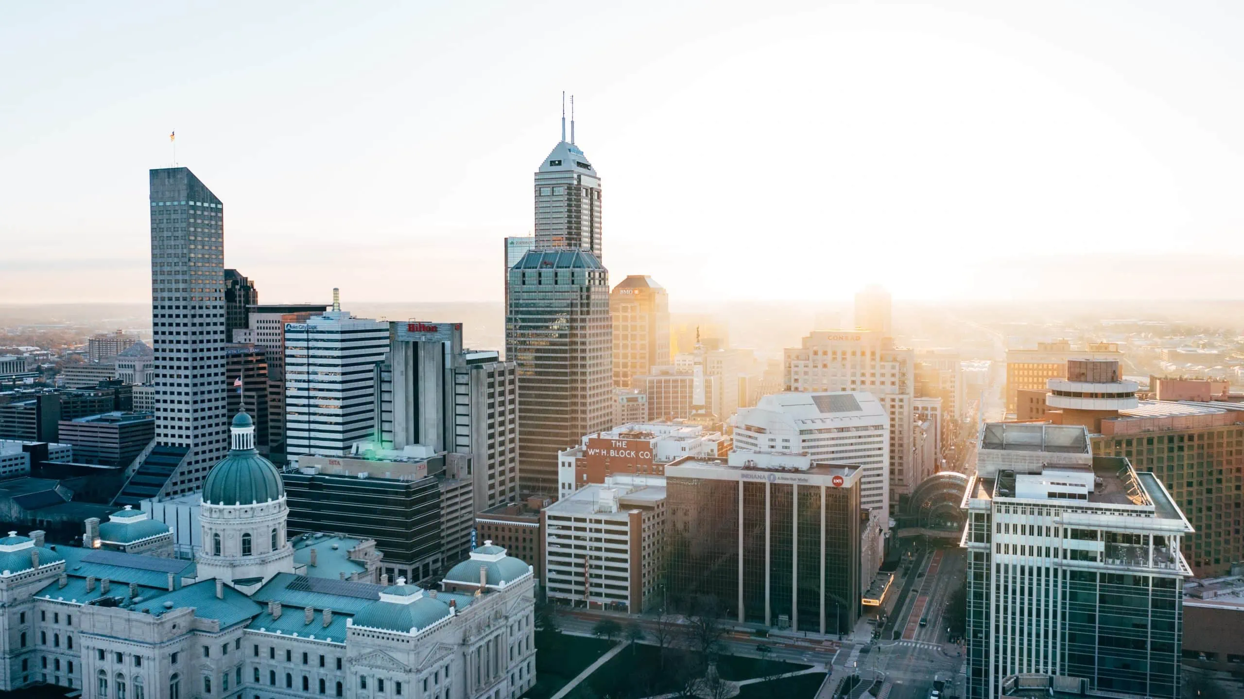 Indianapolis skyline with businesses that have security systems